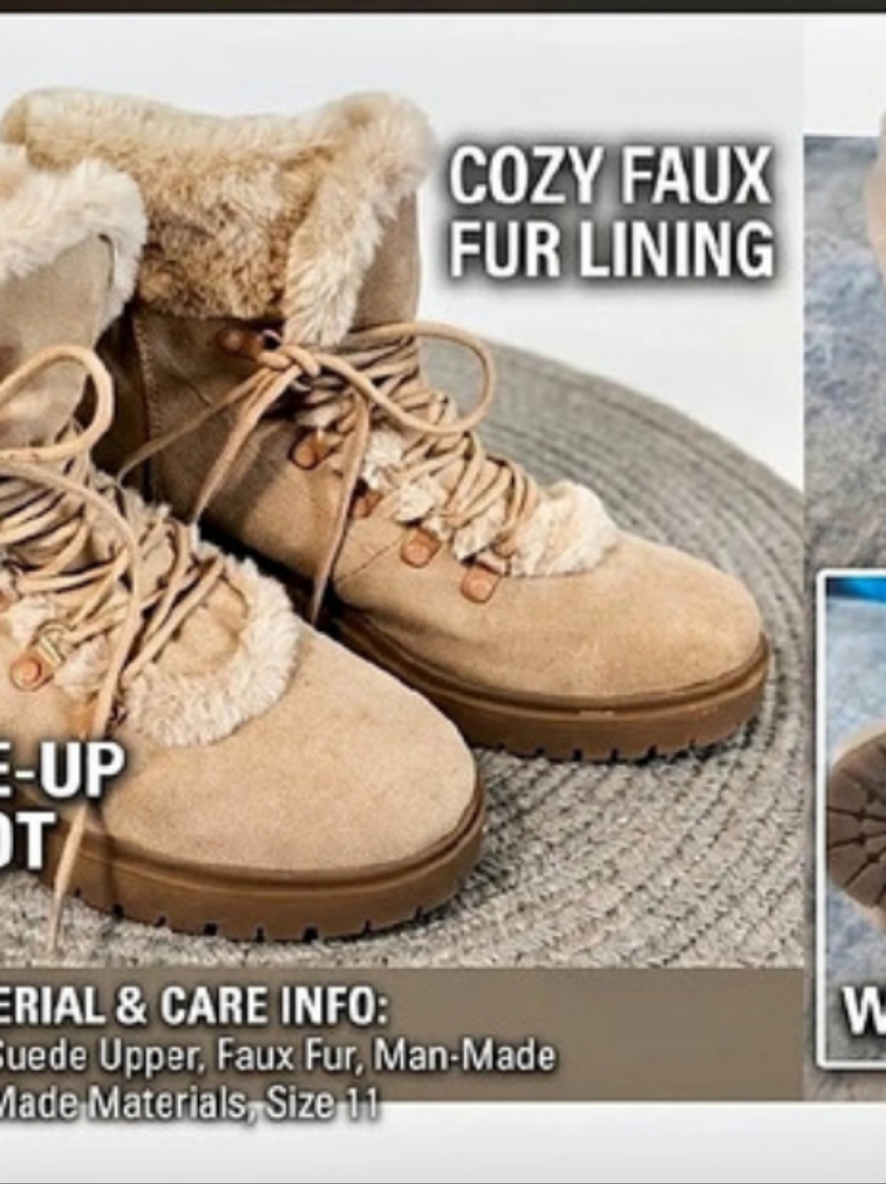 Faux Fur Lined Lace-Up Boots Tan US 11 Like New